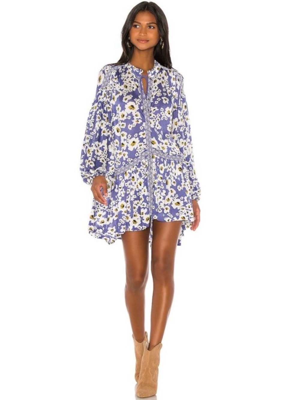 NEW Free People Blue Floral Bohemian Keyhole Long Sleeve Mini Dress Sz LARGE - Picture 3 of 16